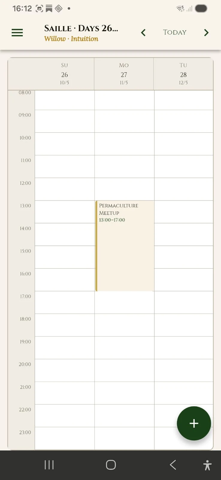 3-day view in Roots Calendar, the 13 month Celtic calendar app with Google Calendar sync