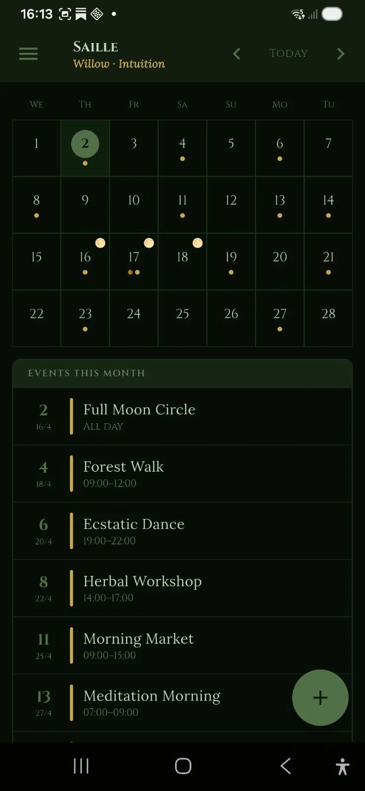 Dark mode month view of Roots Calendar — 13 month Celtic tree calendar for Android