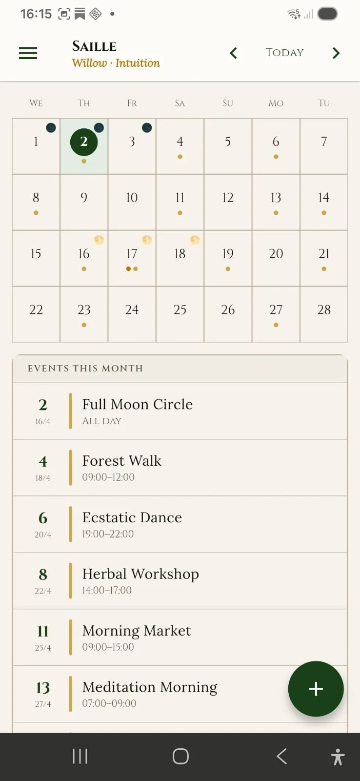 Month view of the 13 month Celtic calendar app — Roots Calendar showing all 28 days of a Celtic tree month