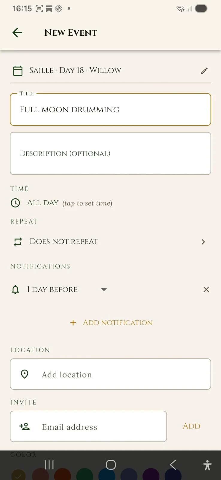 Add new event screen in Roots Calendar, the 13 month Celtic calendar app with local storage