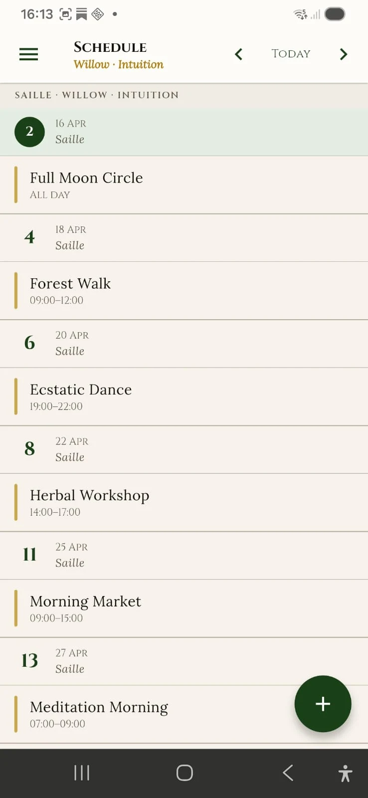 Schedule view in Roots Calendar — 13 month Celtic tree calendar events list for Android