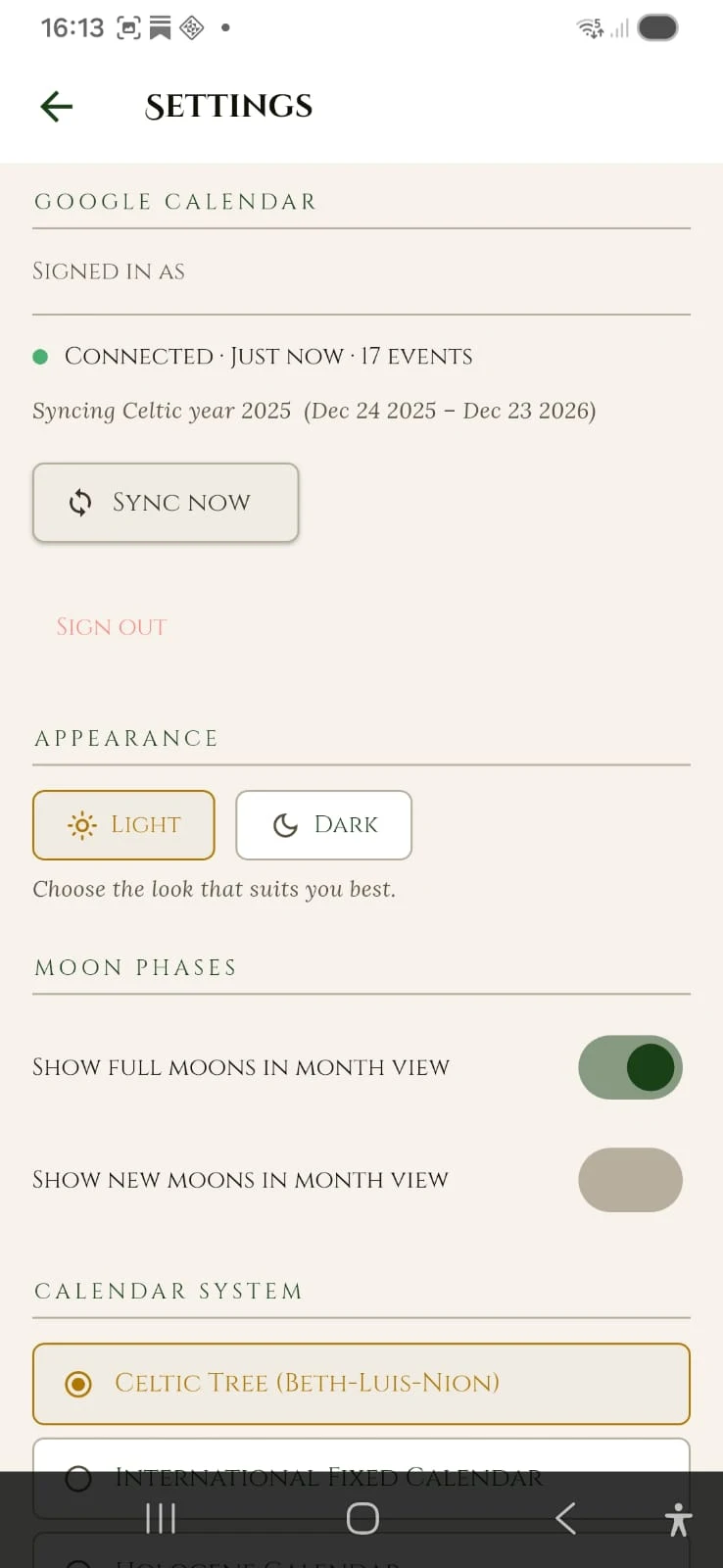 Settings screen of Roots Calendar — 13 month Celtic calendar with Google Calendar sync on Android