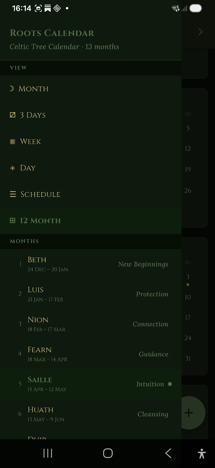 Dark mode menu in Roots Calendar