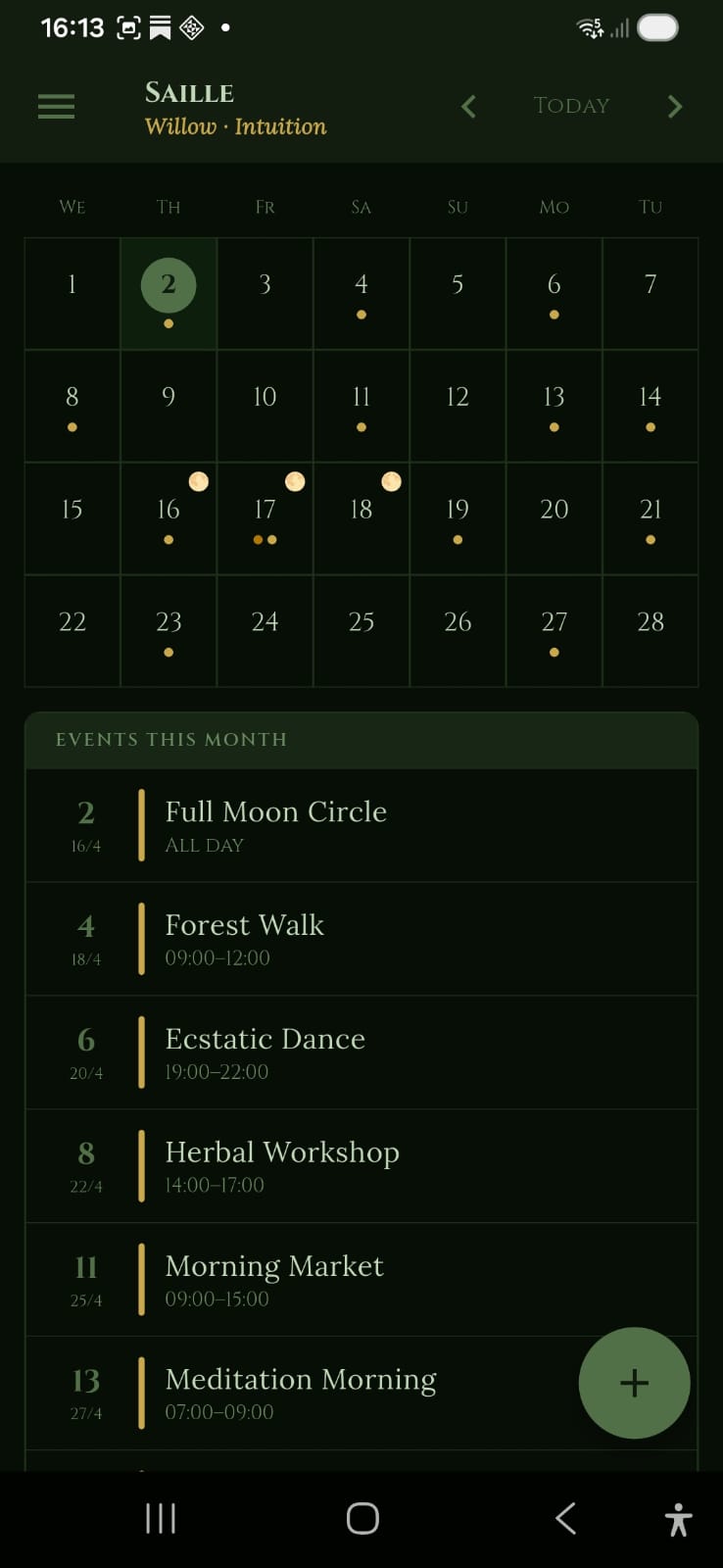 Dark mode month view of Roots Calendar