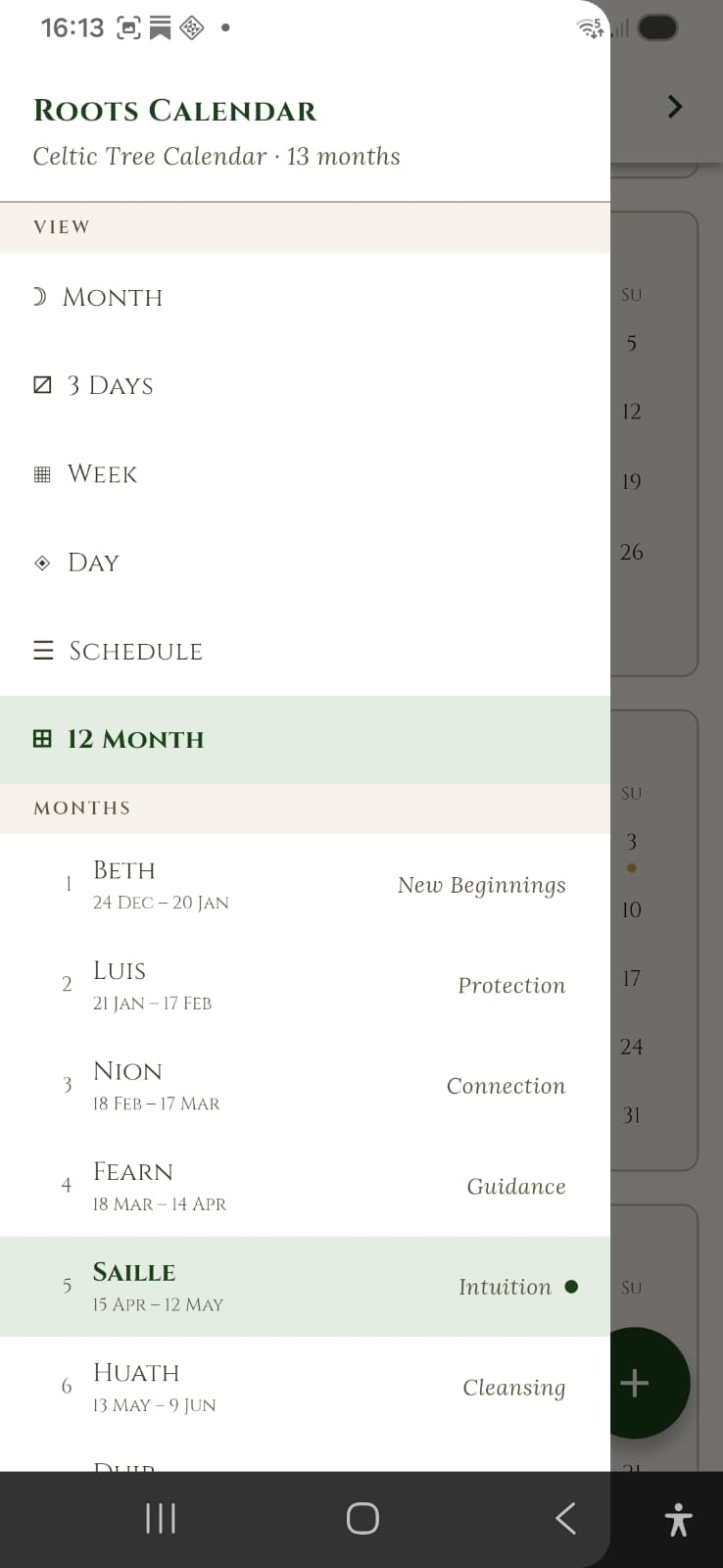 Menu view in Roots Calendar
