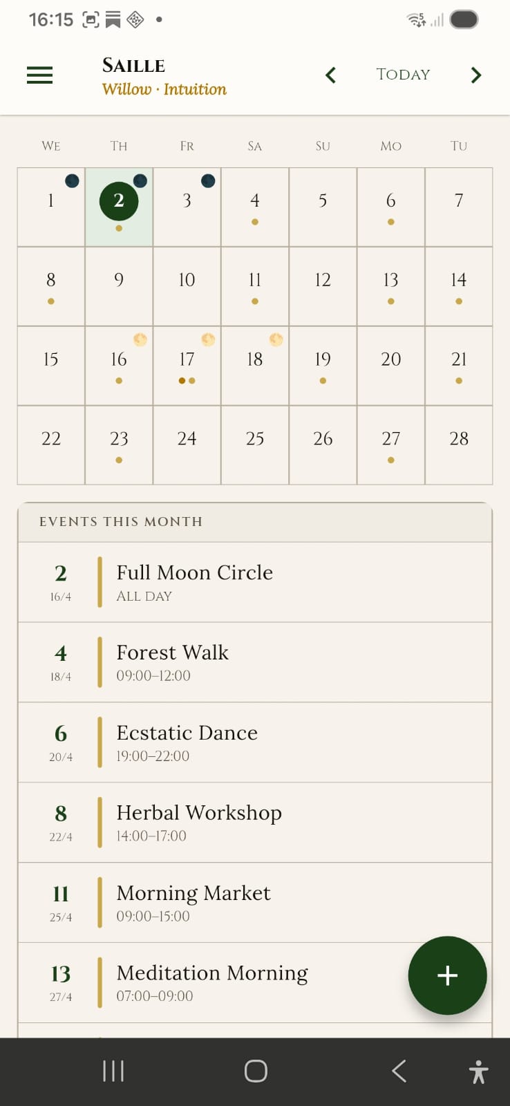 Month view of Roots Calendar showing all 28 days of a Celtic tree month