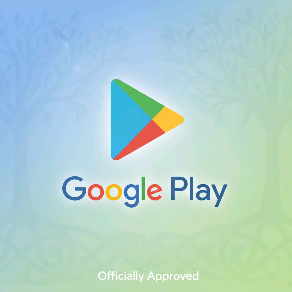 Google Play Store colorful triangle logo with Officially Approved text on gradient background